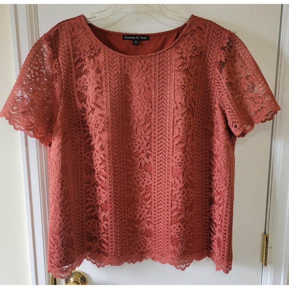 Preston & York Top XL‎ Rust Lace Short Sleeve Classic Crew Pullover Lined